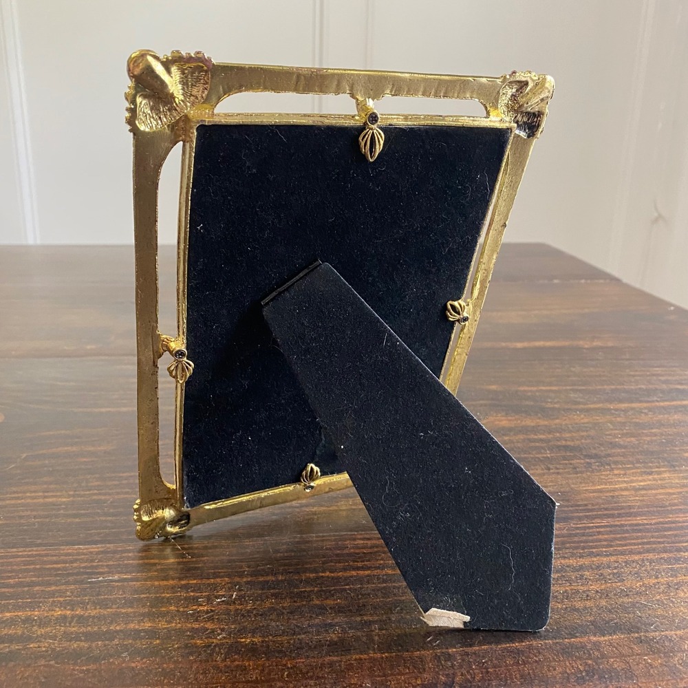 Vintage Art Nouveau Style Enameled Metal Photo Frame Gold Blue Rhinestone 5x7 - Picture 4 of 8